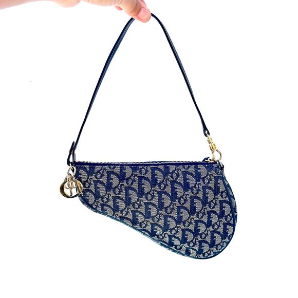 Vintage Y2K Christian Dior Saddle Bag Pochette Blue Monogram Charm Purse - Picture 1 of 16